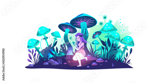 A whimsical fairy sits among glowing mushrooms in a magical forest, isolated on white background the scene is full of enchanting details and vibrant colors