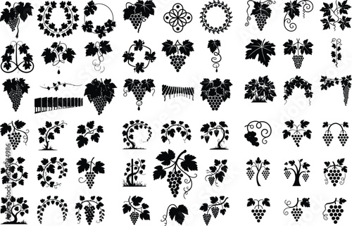 Grapevine Silhouette Icon Set – Natural Fruit Design Vineyard Grape Plant Silhouette Icons for Wine & Nature Themes