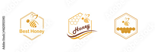 Elegant Honey Logo Designs Featuring Bees and Honeycomb Patterns for Branding and Product Marketing