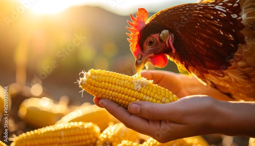 Golden Hour: Brown Hen Pecks Corn from Hand in Warm Sunlight