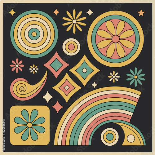 Retro abstract shapes and rainbow in muted pastel colors on dark background vintage 1970s