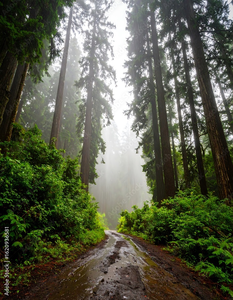 Obraz premium Misty redwood forest path