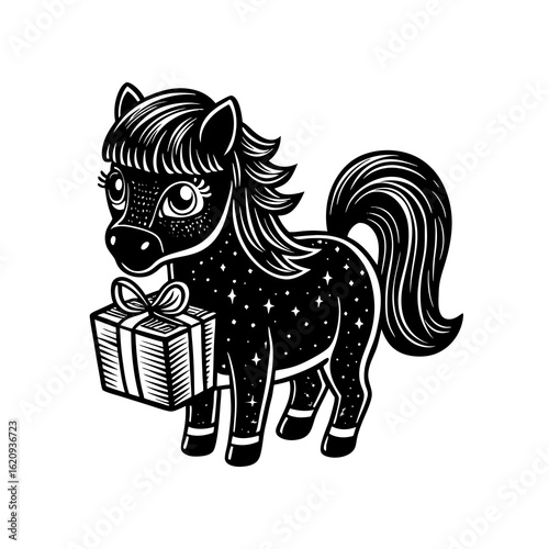 A cute, stylized pony stands holding a wrapped gift box with a bow, adorned with stars on its body.