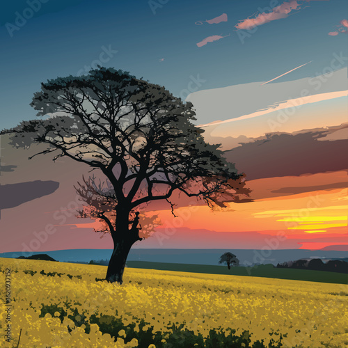 Silhouette of a large tree in a yellow field against a vibrant sunset sky landscape nature