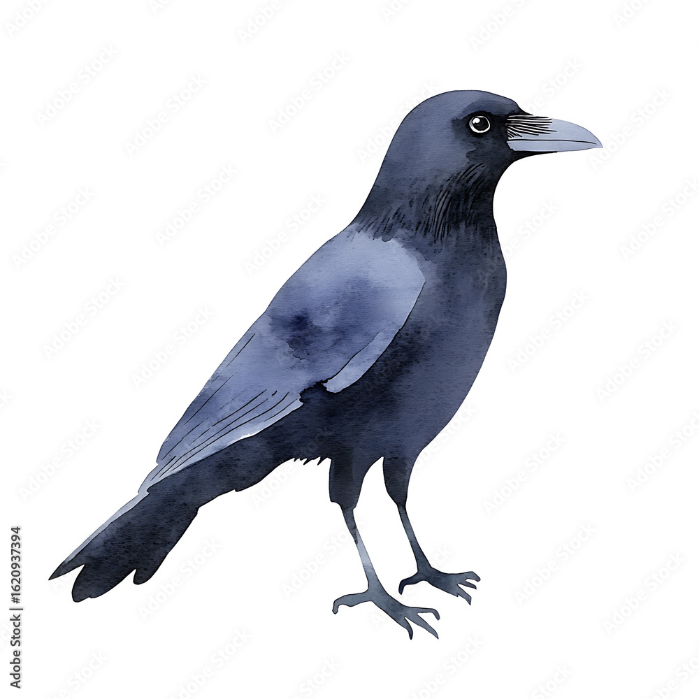 Obraz premium Watercolor illustration of a dark crow, showcasing artistic details, serene ambiance, and natural beauty. Ideal for nature-themed projects.