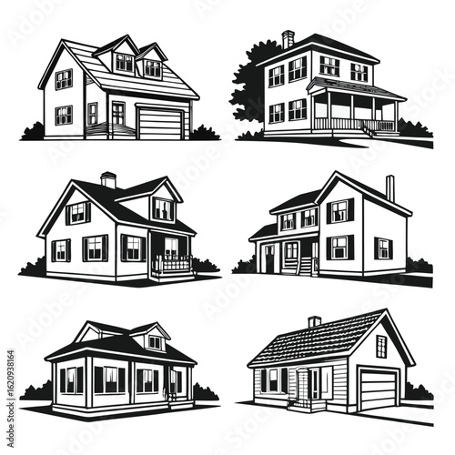Six Black and White Illustrations of Diverse Residential Houses home building