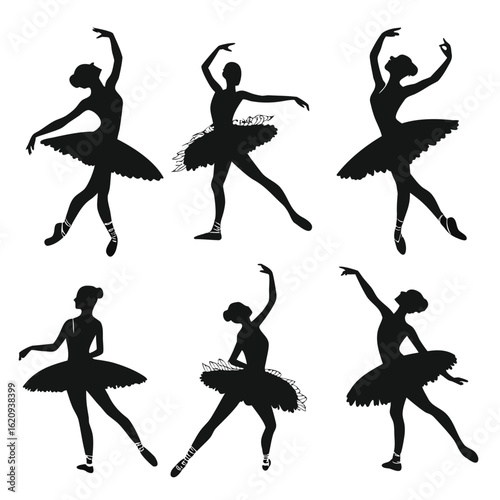 Six black silhouettes of ballerinas in various ballet poses on white background dancer