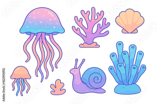 Colorful underwater elements featuring jellyfish, coral, and sea shells in a whimsical, artistic style