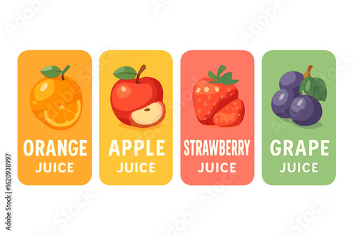 Colorful juice labels featuring orange, apple, strawberry, and grape varieties displayed in a fresh design