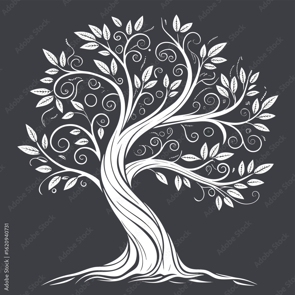 Obraz premium Stylized white tree with swirling branches and leaves on dark grey background nature