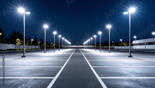 Illuminated Empty Parking Lot at Night with Starburst Streetlights and Dark Sky