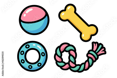 Colorful pet toys including a ball, bone, ring, and rope for playful activities at home or in the park