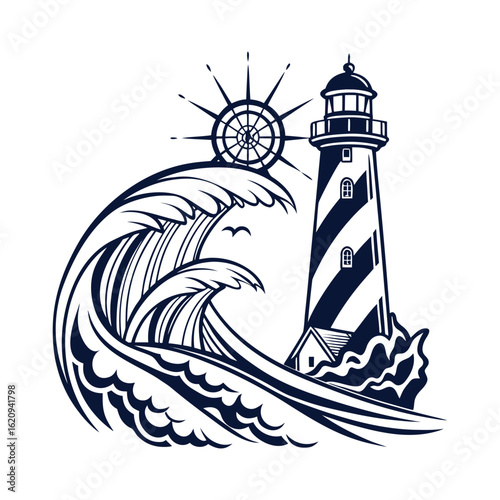 Lighthouse Waves Ocean Storm Sea Nautical Maritime Coastal Graphic Design on White Background