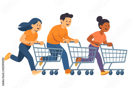 Group of friends enjoying a fun shopping experience in a grocery store during a weekend outing