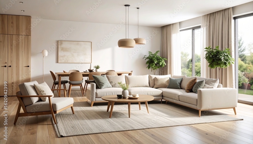 custom made wallpaper toronto digitalMinimalist living room with large windows, light sectional sofa, wooden furniture, and indoor plants—cozy contemporary setting.