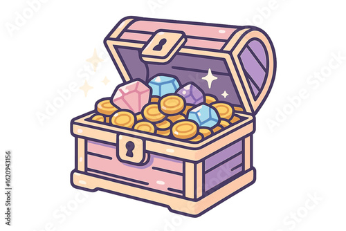 Treasure chest overflowing with colorful gems and gold coins in a whimsical style