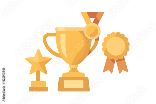 Trophy, medal, and ribbon symbolizing achievement and success in competitions or events