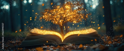 Magical tree growing from open book in forest