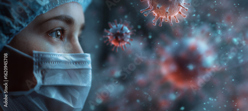 Medical professional wearing a surgical mask and cap gazes thoughtfully at floating virus particles, illustrating the ongoing battle against infectious diseases and the importance of healthcare