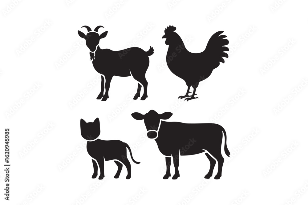 Obraz premium Farm animals silhouette collection featuring goat rooster cow and dog