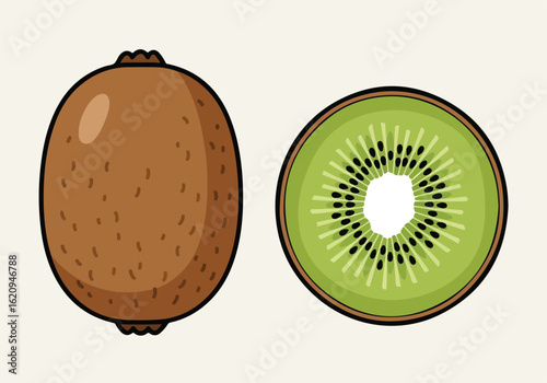 Whole kiwi fruit and a half slice of kiwi fruit, showing its green flesh and black seeds, isolated on a light background
