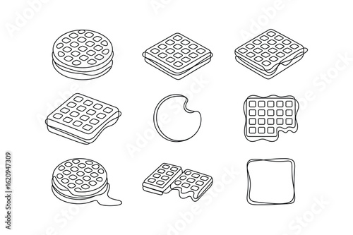 Round and square waffles with melted syrup and a plain square outline round waffle