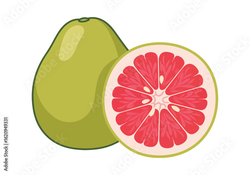 Pale green pomelo fruit with a vibrant pink flesh slice, isolated on white background