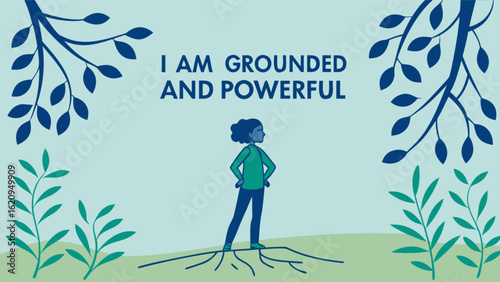 A grounded and powerful woman stands on roots, surrounded by nature, embodying strength, connection, and positive affirmation