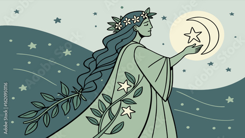 A serene goddess illustration with a crescent moon and a star, surrounded by celestial elements and floral accents, evoking a magical and mystical atmosphere