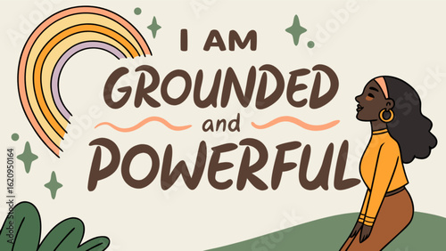 An empowering illustration with the affirmation i am grounded and powerful, featuring a woman, rainbow, and stars, promoting selflove, positivity, and mental wellbeing