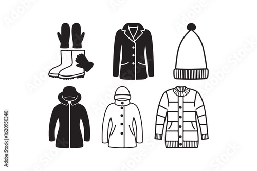 Collection of winter clothing and accessories for cold weather
