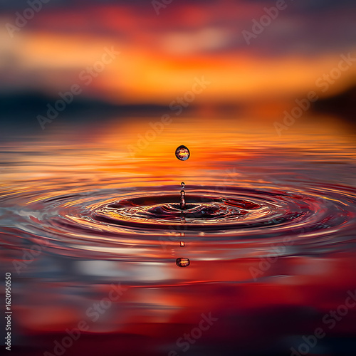 Water drop creating ripples on a body of water reflecting an orange and red colored sky at sunset