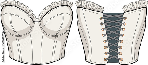 Corset top fashion flat sketch with ruffle trim and lace-up back, technical drawing for women’s lingerie or costume design