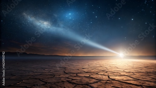 Surreal desert night landscape with galaxy stars and glowing horizon