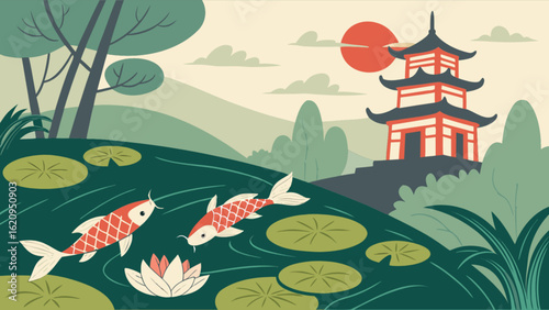 A serene scene of a traditional asian garden with koi fish swimming in a pond, a lotus flower, and a pagoda in the background, creating a peaceful atmosphere