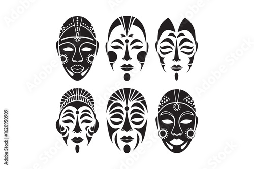 Collection of six stylized african tribal masks in black and white