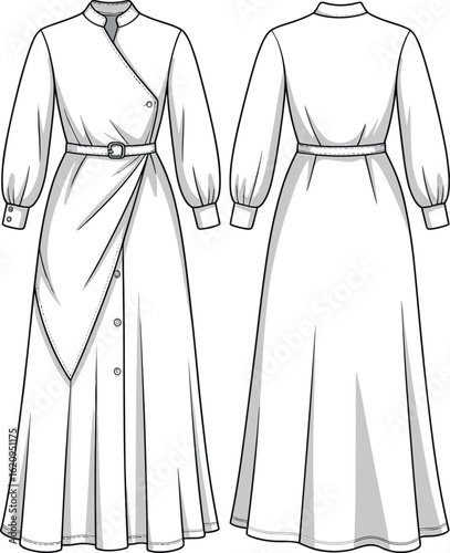 Elegant belted wrap dress fashion flat sketch, long sleeve maxi dress design, technical drawing for apparel, women's clothing template