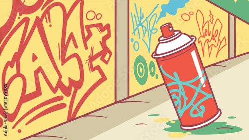 A closeup of a spray paint can next to a graffiticovered wall, showcasing the vibrant and expressive nature of street art isolated on white background