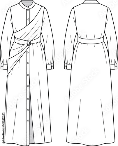 Elegant belted wrap dress fashion flat sketch, long sleeve maxi dress design, technical drawing for apparel, women's clothing template