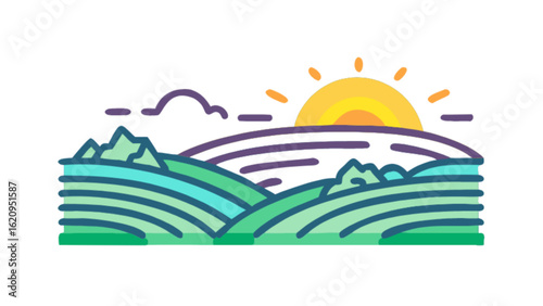 Scenic landscape of rolling green hills and fields under a bright sun, isolated on white background, creating a peaceful and idyllic countryside view