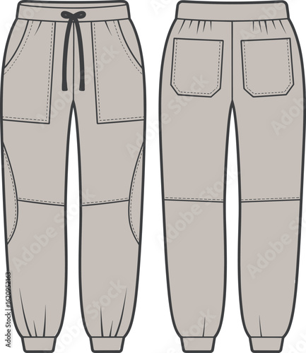 Jogger pants fashion flat sketch with elastic waistband and cuffs, technical drawing for activewear design, casual unisex bottom template