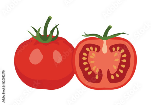 Two tomatoes, one whole and one sliced, isolated on white background