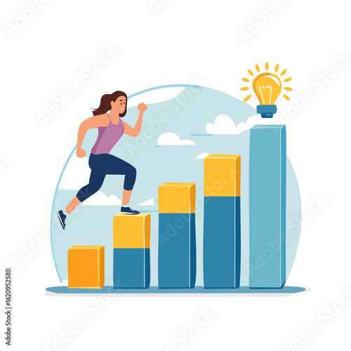 Stairway to Success: A vibrant illustration of a determined figure ascending a series of steps toward a bright idea and achieving her goal.