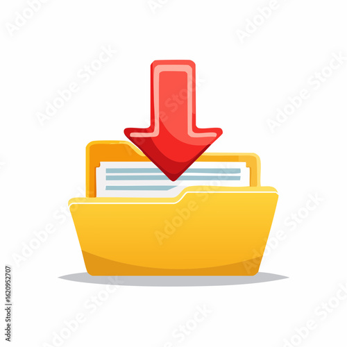Download Symbol: Illustrative depiction of a download symbol represented by a red arrow pointing downwards into an open folder filled with documents.