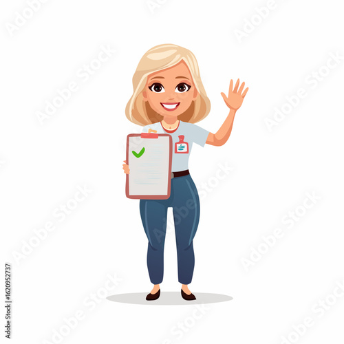 Friendly Representative with Clipboard: A cheerful lady, in a friendly gesture waves, holding a clipboard with a checkmark, showcasing the essence of helpfulness and expertise.
