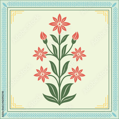 Traditional Mughal Floral Motif with Ornamental Flowers. Traditional indian flower motif illustrations.