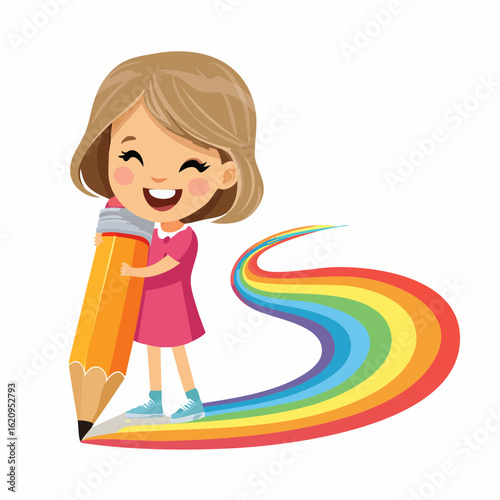 Artistic Dreams: A cheerful child, armed with a vibrant pencil, conjures a rainbow, expressing pure creativity and imagination. A colorful expression of the joy of drawing and imaginative creation.