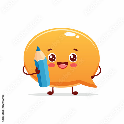 Happy dialogue bubble holding a pencil: A cheerful dialogue bubble, depicted with charming cartoon-like features, holds a bright pencil, embodying communication and ideas in a fun.