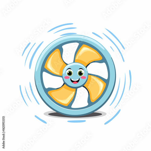 Smiling Fan: A cute cartoon fan illustration with a smiling face, radiating energy and a playful design, evokes a sense of coolness and fun.