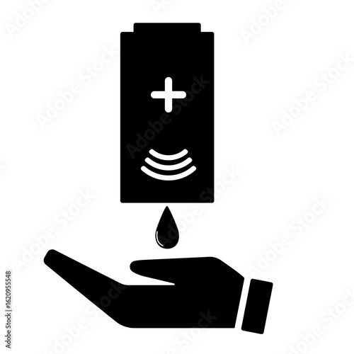 Hand sanitizer icon with dispenser and hand receiving sanitizing gel